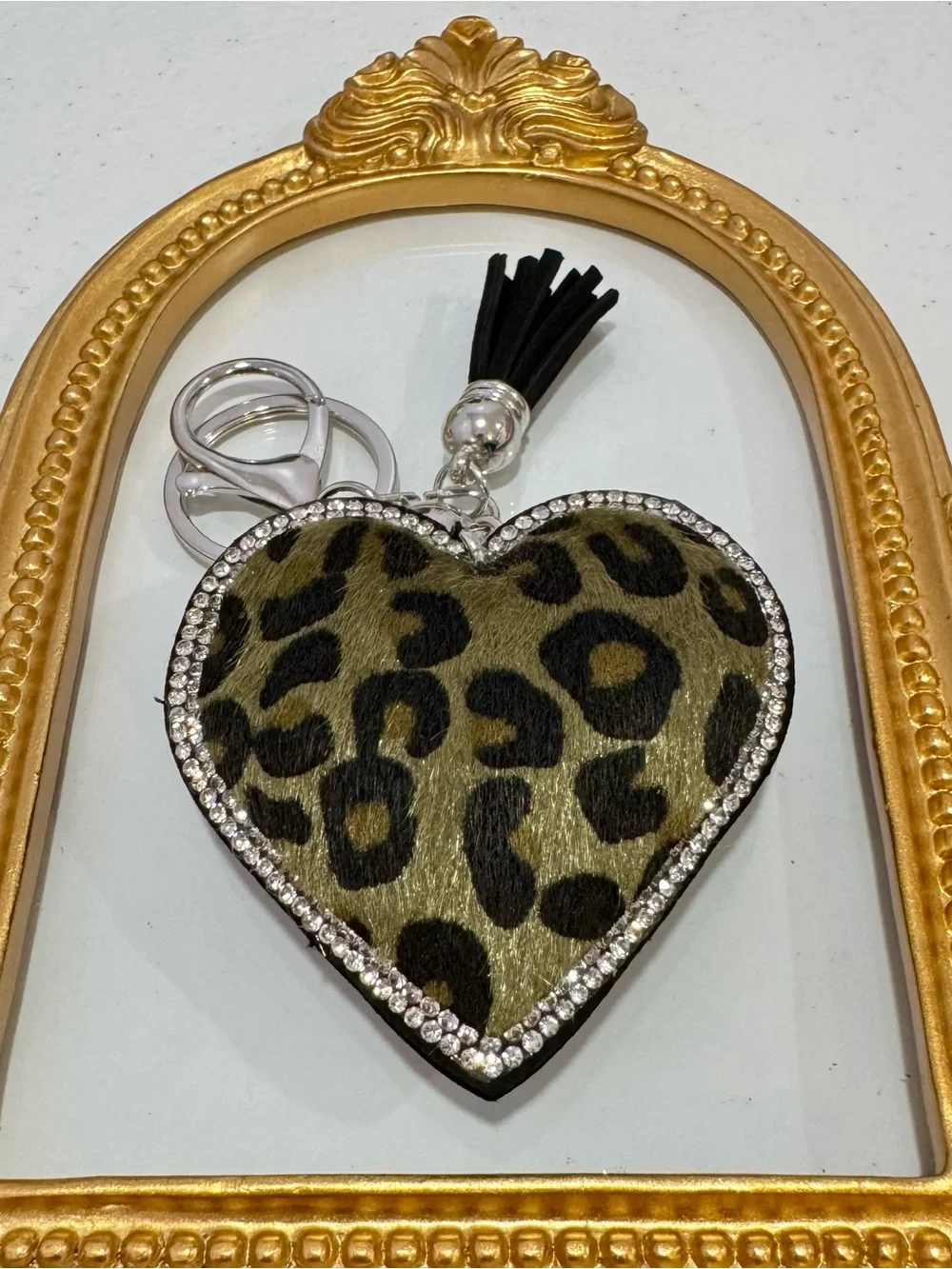 New Olive Green Leopard Heart with Tassel Keychain